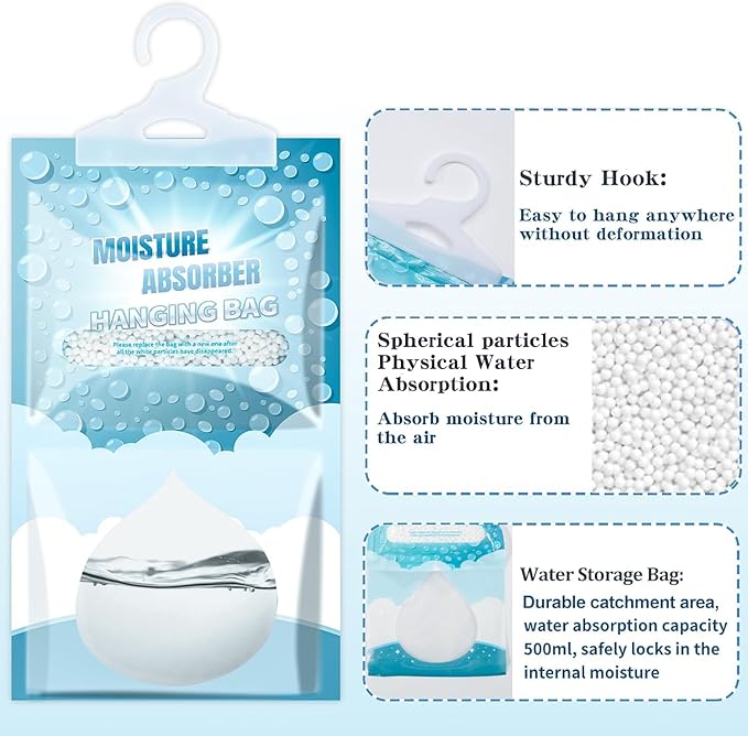 Moisture Absorbers Packets - 20 Pack Hanging Moisture Absorbers Dehumidifier Bags for Closet Bathroom Kitchen, Fragrance Free Humidity Absorber Packs, Removes Moisture & Odors - Image 3
