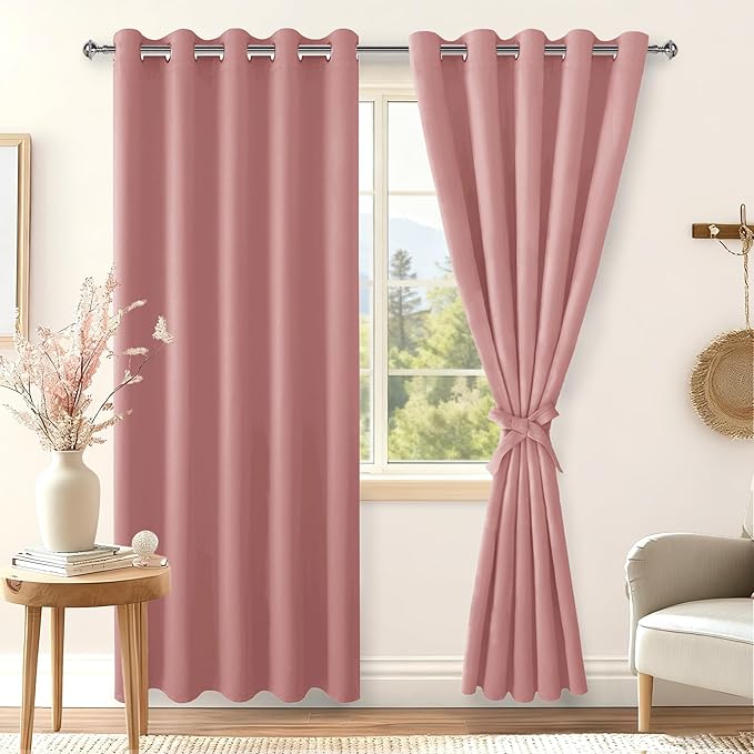 Hiasan Blackout Curtains for Bedroom, 60 x 84 Inches Long - Thermal Insulated & Energy Saving Window Curtains for Living Room, 2 Drape Panels Sewn with Tiebacks, Dusty Rose - Image 2