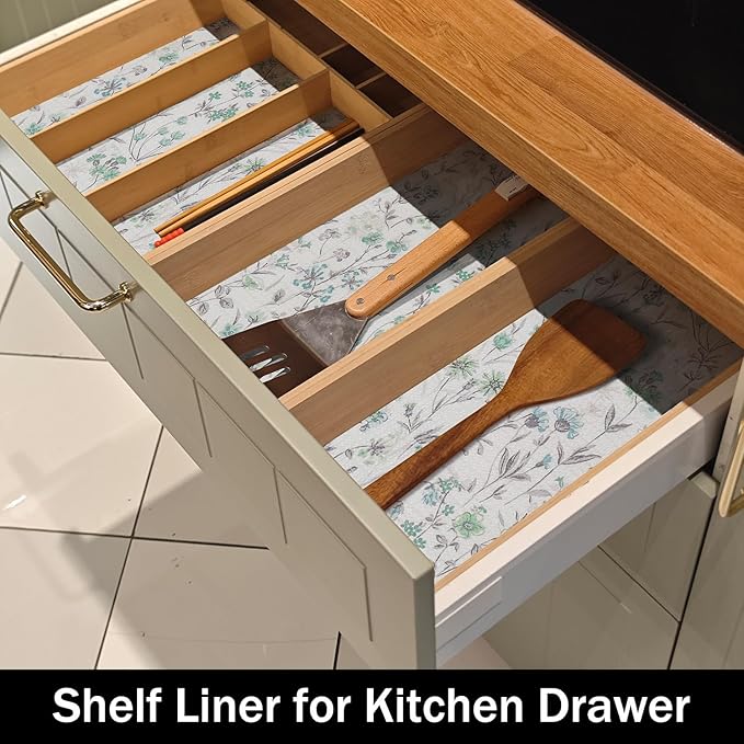 Blue and Green Floral Shelf Liners Non Adhesive and Strong Non-Slip Shelf and Drawer Liners for Kitchen Cabinet Wire Fridge, Waterproof Shelf Drawer Liner,Easy to Clean,12IN x 10FT - Image 4