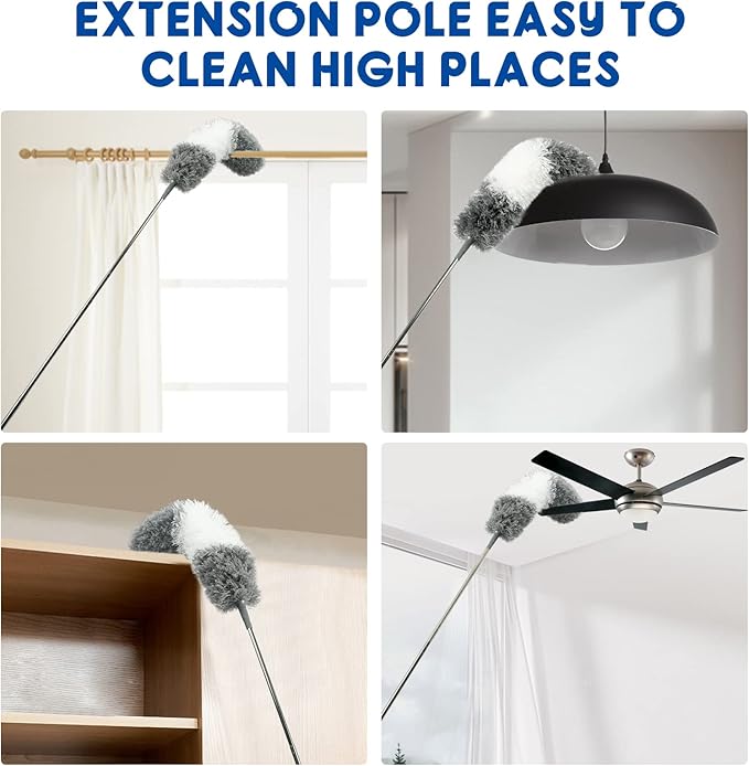 Microfiber Feather Dusters for Cleaning, Extendable Duster with 110" Extension Pole & 2pcs Replaceable Bendable Head, Cleaner Supplies Duster Tool for Ceiling Fan Furniture Cars Home Kitchen Gadgets - Image 7