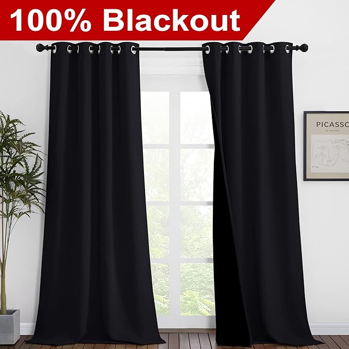 NICETOWN High-End Thermal Curtains, Full Blackout Curtains 90 Inches Long for Dining Room, Soundproof Window Treatment Drapes for Hall Room, Black, 46" Wide Per Panel, Set of 2 Panels - Image 2