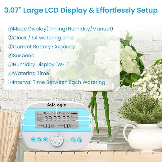 Sainlogic Smart Automatic Plant Waterer for 15 Potted Plants, Self Watering System with Deep Root Irrigation, Humidity Monitor Display, IP64 Programmable Timer for Travel, Vacation, Indoor Garden - Image 5