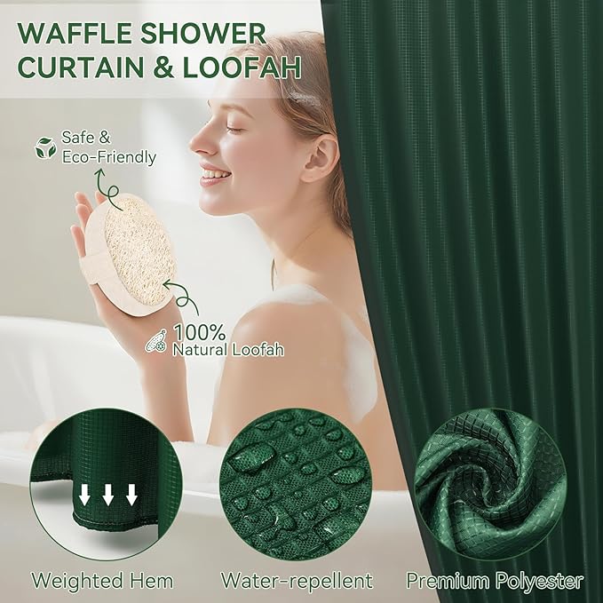 Green Bathroom Set, Dark Green Bathroom Accessories Set with Shower Curtain and No-Slip Bath Rugs, Natural Loofah Sponge, Soap Dispenser, Toothbrush Holder, Bathroom Tumbler and Tray for Bathroom - Image 5