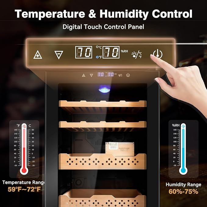 Electric Cooler Cabinet 70L with Temperature and Humidity Control, Spanish Cedar Wood Shelves and Safety Lock (500 Counts Capacity), Gift for Men - Image 3