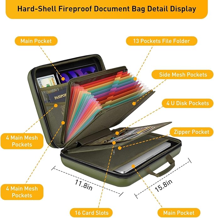 Fireproof Document Organizer Bag, 5200℉ File Organizer Safe Box, Hard Shell Document Bag with 13 Pocket Accordion File Folder - Image 5