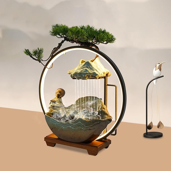 Water Fountains Indoor Tabletop Waterfall Humidifier W/LED Light & Atomizer Mist &Cute Monk Statue, Zen Decor Meditation Japanese Decor Fake Plants Feng Shui Decor Festival Birthday Gift - Image 6
