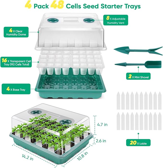 192 Cells Seed Starter Tray, Seed Starter Kit with Adjustable Humidity Dome, Seed Starting Trays Plant Starter Kit for Seeds Growing Starting, Indoor Gardening, Greenhouse - Image 3