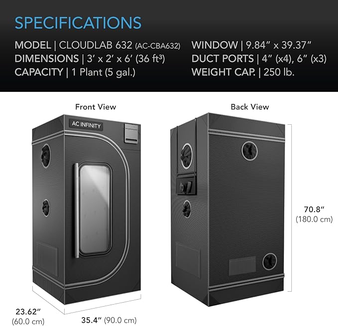 AC Infinity CLOUDLAB 632, Advance Grow Tent 3x2, Thickest 1" Poles, 2000D Mylar Canvas, Lab-Tested Highest Reflectivity, Largest Zipper Window, Controller Mount Plate, 36" x 24" x 72" Indoor Growing - Image 7