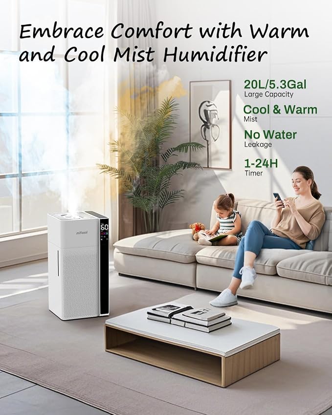 Mifasol Humidifier Large Room Warm and Cool Mist, 5.3Gal/20L Humidifiers for Home 1500 sq ft, Double Nozzles Whole House Humidifier, Humidifiers for Bedroom Plants Office Commercial Large Areas, White - Image 2