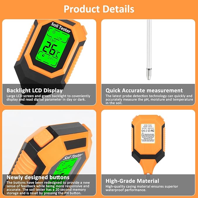 4-in-1 Soil Moisture Meter Digital PH Meter/Soil Moisture/Plant Temperature/Sunlight Intensity, Backlight LCD Display, Soil Test Meter for Garden, Lawn, Plant Care, Farm and Indoor Outdoor Plants - Image 6