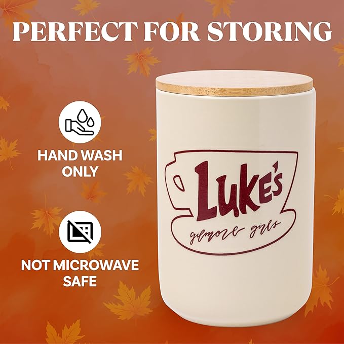 Silver Buffalo Gilmore Girls Wax Resist Ceramic Cookie Jar with Bamboo Lid Featuring Luke’s Cafe Logo, 5” x 5” x 6.5” - Image 4