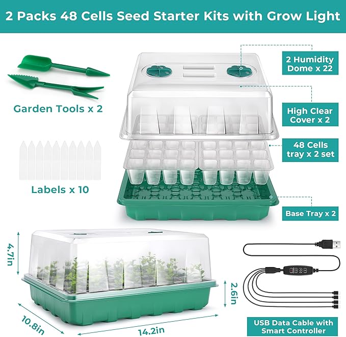 96 Cells Seed Starter Tray with Lights, 2 Packs Seed Starter Kit with Humidity Vented Domes and High Lid, Adjustable Brightness Germination Kit for Indoor Greenhouse Seed Starter - Image 5