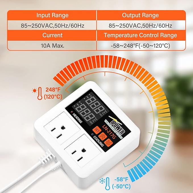 iPower Temperature Controller 1200W 10A Dual Digital Outlet Thermostat Plug, Pre-Wired, 2 Stage Heating and Cooling Mode, Fermentation BBQ Reptile Aquarium, 2 Pack - Image 2