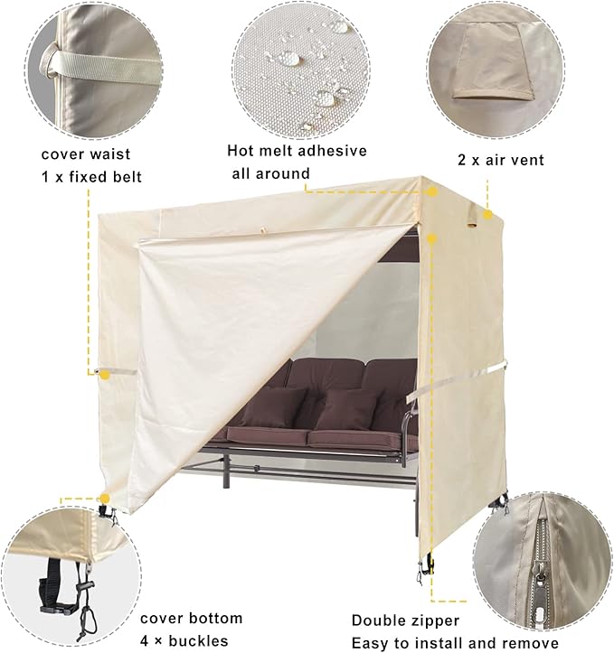 Outdoor 3 Triple Seater Hammock Swing Cover - Garden Glider Chair Canopy - UV Resistant (100 * 59 * 72 inch) Beige - Image 4