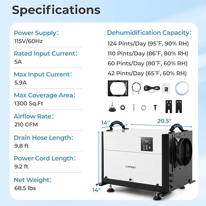 COSTWAY 124 PPD Commercial Dehumidifier, 1300 Sq.Ft Crawl Space Dehumidifier with 9.8 FT Drain Hose & Wired Remote Control Panel, Ideal for Basement, Warehouse, Job Site (White) - Image 7