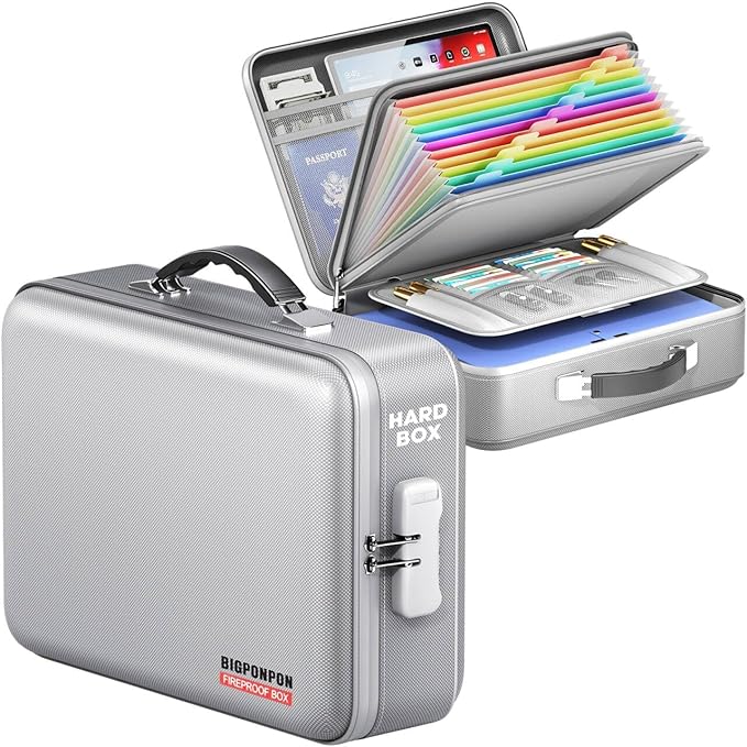 Fireproof Document Box, Hard Case Highly Flame-Resistant Fire Proof Waterproof File Organizer with Lock, Portable Fire Safe for Important Documents & Valuables Storage (Gray, ‎15"*11"*5") by BigPonPon
