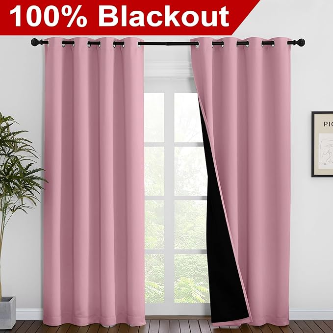 NICETOWN Crystal Pink Full Shade Curtain Panels, Pair of Energy Smart & Noise Blocking Out Blackout Drapes for Dining Room Window, Thermal Insulated Guest Room Lined Window Dressing(55 x 86 inch) - Image 2