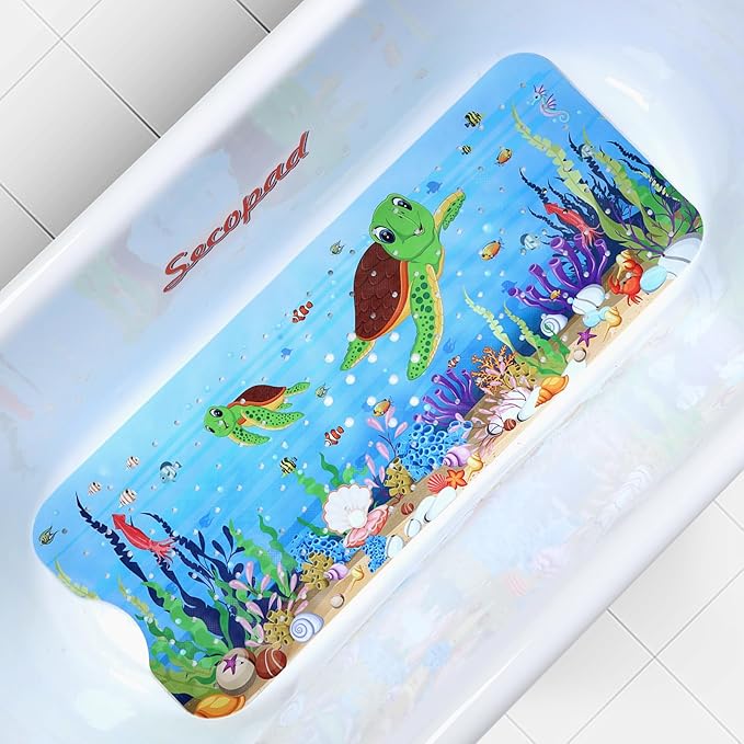 Bath Mat for Tub Non Slip, Machine Washable Anti-Slip Cartoon Baby Bathtub Shower Mat with Drain Holes and Suction Cups for Toddler & Kids, 40 Inch x 16 Inch, Red Turtles by Secopad