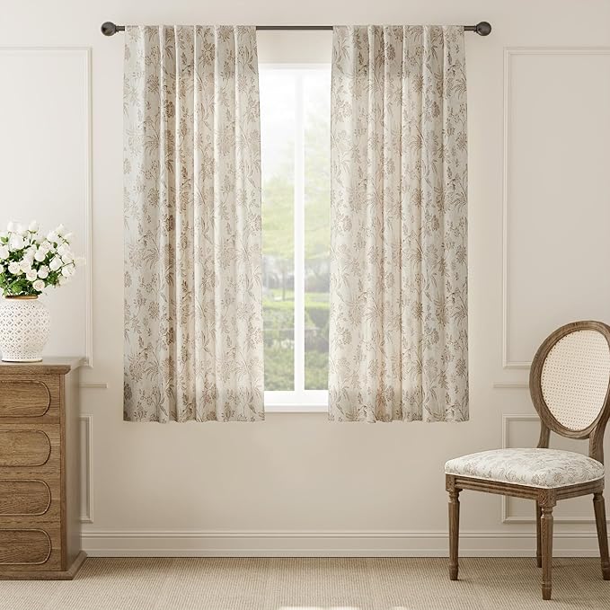 jinchan Linen Floral Curtains for Living Room with Printed Flower 63 Inches Long Light Filtering French Country Back Tab Rod Pocket Taupe Window Curtain Set Farmhouse Drapes 2 Panels Taupe - Image 2