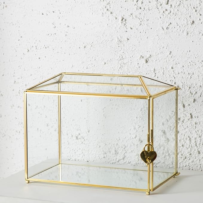 Glass Wedding Card Box with Slot, Large Clear Card Box 10.2 inch Gold Brass Gift Card Storage Box with Lock for Wedding Receptions, Baby Shower, Birthday Party, Bridal Shower - Image 5