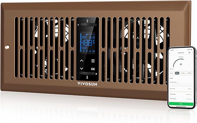 VIVOSUN Quiet Register Booster Fan for "  " Holes, Cooling Heating Vent Fan with 10-Speeds App Control &Adjustable Wind Direction, Thermostat Control for Bedroom, Bathroom &Attic, Brown by VIVOSUN