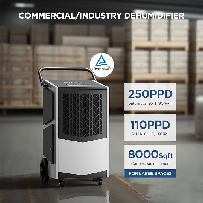 250 Pint Commercial Dehumidifier with Pump Whole house Industrial Grade Dehumidifiers 4400 sq. ft Continuous Dehumidification for Basements Drain Hose - Image 6