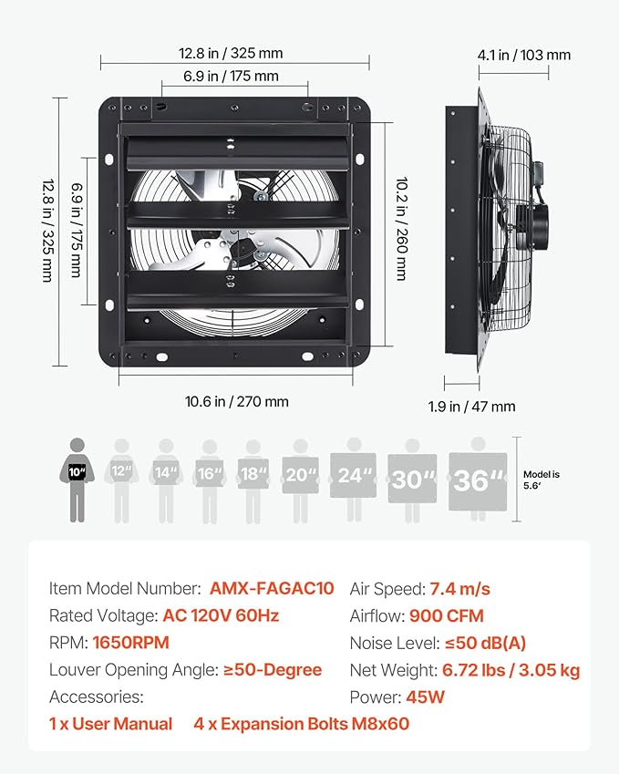 VEVOR 10'' Exhaust Fan, Wall Mounted Attic Fan with Variable Speed controller, 900 CFM, Automatic Shutter, Ventilation and Cooling, Black - Image 7
