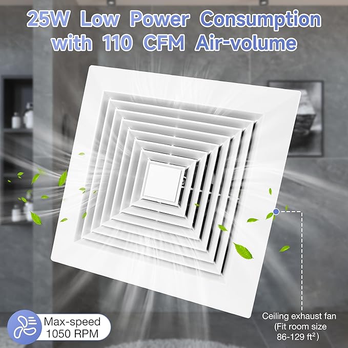 Bathroom Ceiling Exhaust Fan, Household Bath Vent Ventilation Fan with 1.0 Sones Quiet Operation, 110 CFM (Housing Size 9.1"x9.1") - Image 6