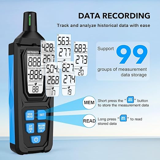 Temperature Humidity Meter, High Precision Digital Psychrometer Hygrometer with Dew Point, Wet Bulb Thermometer for Indoor Outdoor, 99 Data Storage, Temp Alarm, Backlight, MAX/MIN, Auto Shutdown - Image 3