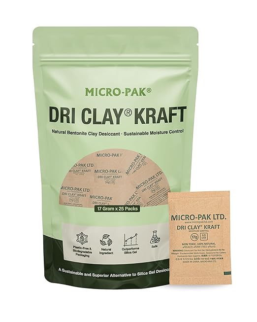 Micro-Pak Dri Clay Kraft, Highest Moisture Absorption Desiccant Packs, Silica Gel Packets Alternative, Food Safe Bentonite Clay, Desiccant Packs for Storage, Moisture Absorbers for Closet, 17gx25pcs by Micro-Pak