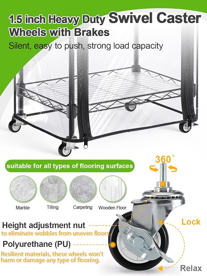 Abimars 5-Tier Mini Greenhouse with Caster Wheels, Each Shelf Height Adjustable Metal Plant Shelf with PVC Cover for Seed Starting Trays, Seedling Pots, Plant Pots, 11x16x57inch - Image 4