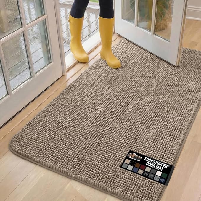 GORILLA GRIP SOAKSTOPPER Dog Door Mat, 60x36 Machine Washable Rug Absorbent Doormat Captures Moisture Mud Dirt, Quick Dry Soft Chenille Entryway Rugs Indoor Entrance Mats for Dog Paws, Beige by GorillaGrip