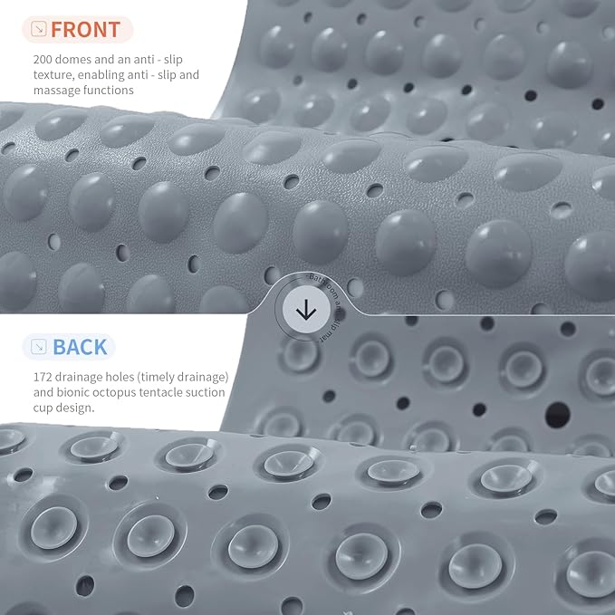 Anti-Slip Bathtub Shower mat, 39.3×15.7 inch（Approximately 100 × 40cm） Soft Oversized Machine Washable Non-Slip Bathtub mat with Drainage Holes, Bathroom Floor Suction Cup.（1-Opaque Gray） - Image 2