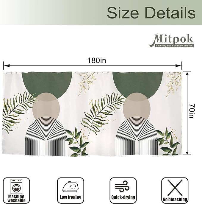 Extra Wide Boho Shower Curtain 180Wx70H Wrap Around Clawfoot Tub Curtain Sage Green Modern Bohemian Abstract Gold Leaves Mid Century Bathroom Decor Minimalist Bath Fabric Polyester 32 Pack Hook - Image 3