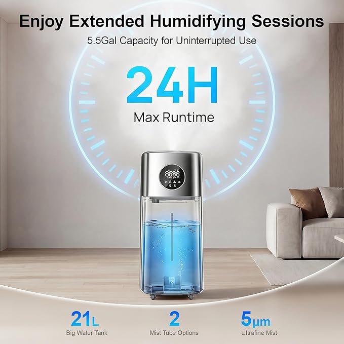 21L/5.5Gal Humidifiers for Bedroom,Humidifier Large Room with 2000ml/h High Output,Top Fill,24H Runtime, Cover up to 3000ft²,Remote Control Whole House Cool Mist Humidifier for Home,Office,Plants - Image 3