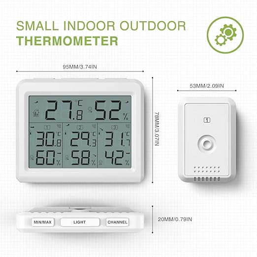 KeeKit Indoor Outdoor Thermometer, Digital Hygrometer Meter Gauge with 3 Wireless Sensors, Temperature Humidity Monitor with LCD Backlight, Min/Max Record for Home, Office, Restaurants, Bars, Café - Image 6