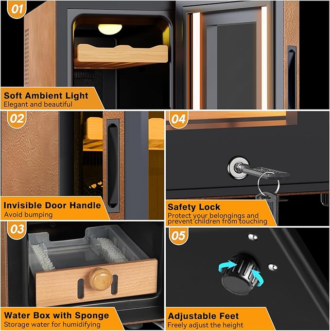 Electric Cooler Cabinet 25L with Temperature and Humidity Control, Leather Finish, Spanish Cedar Wood Shelves and Safety Lock (200 Counts Capacity), Gift for Men - Image 8