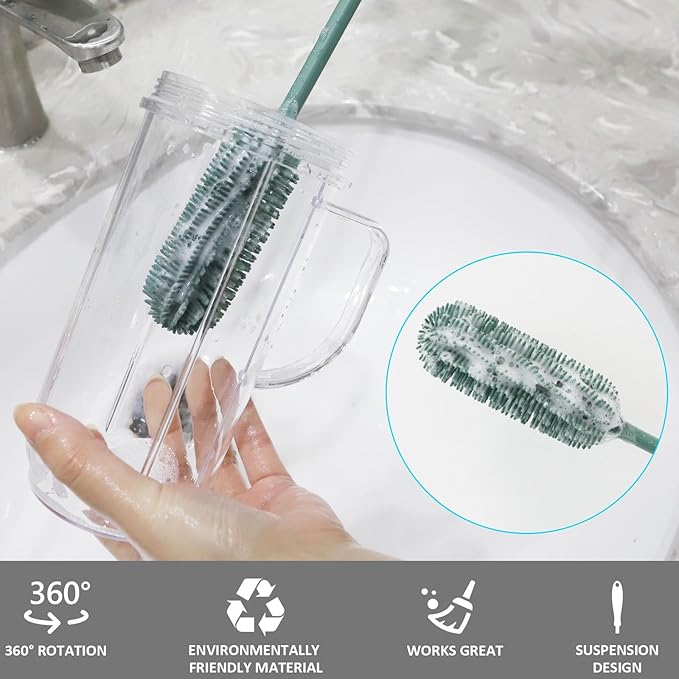 15.7" Silicone Bottle Brush, ddLUCK Water Bottle Cleaner Brush for Stanley, Hydroflasks, Glass, Thermos Sports Bottle, Vase and Glassware, Bottle Brush Cleaner for Small Narrow Neck Containers (Green) - Image 4
