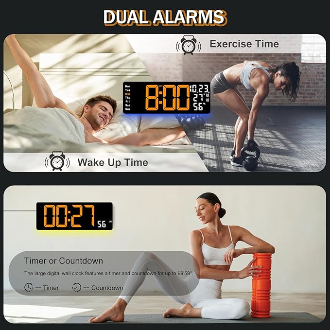 JoFomp 17.3" Large Digital Wall Clock, LED Digital Clock Large Display with Remote Control, Alarm Clock with Temp/DST/Dimmer/Humidity/Timer/Ambient Light - 12/24H, Alarm Wall Clock for Bedroom - Image 6