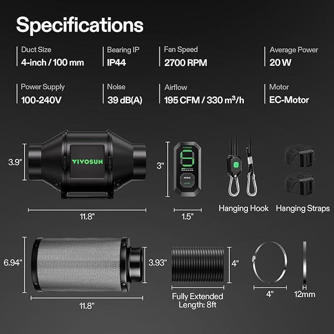 VIVOSUN Smart Air Filtration G4 Kit 4", AeroZesh G4 Inline Duct Fan with E12 Speed Controller, Carbon Filter & 8' Ducting, Cooling & Ventilation System for Grow Tents, Indoor Gardening, Hydroponics - Image 9