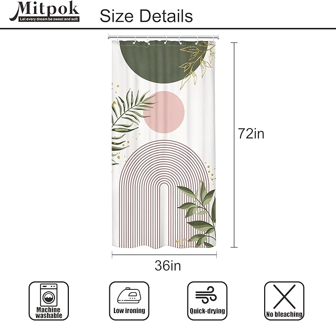 Small Stall Boho Shower Curtain 36Wx72H RV Green Pink Modern Mid Century Abstract Leaves Plant Minimalist Geometric Bathroom Decor Half Narrow Standing Bath Curtain Fabric Polyester 7 Pack Hook - Image 4