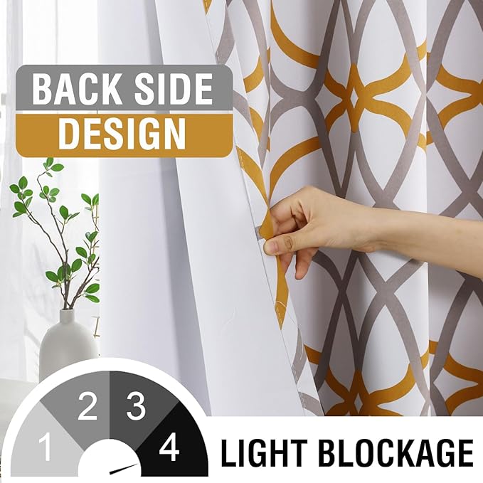 H.VERSAILTEX Blackout Curtains Printed Design 54 Inch Length 2 Panels Set Thermal Insulated Curtains for Bedroom Living Room Geometric Modern Grommet Window Drapes - Mustard and Grey - Image 3