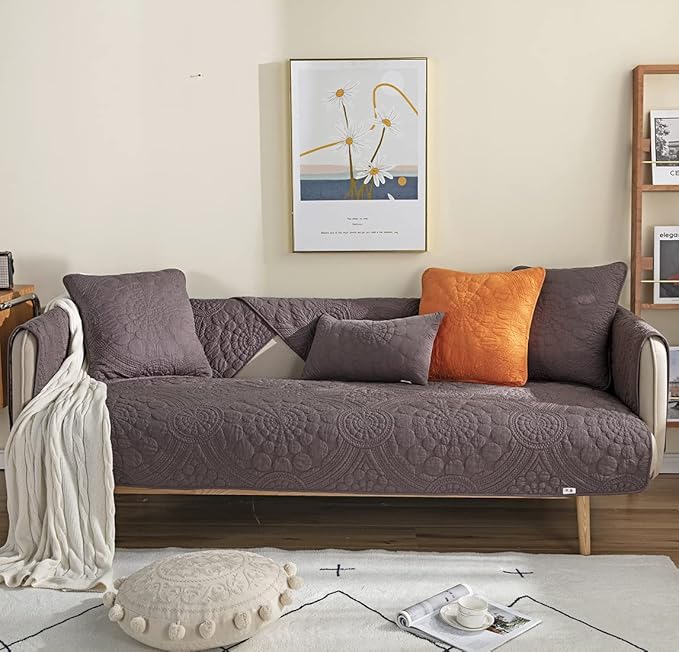 vctops Boho Circle Embroidery Couch Sofa Cover Solid Color Cotton Quilted Non-Slip Sectional Couch Covers Sofa Slipcover for Dogs, Children, Pets Furniture Protector (Dark Grey,43"x82") - Image 2