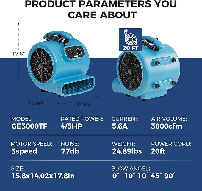 ALORAIR 3000 CFM Air Mover Blower Fan for Industrial, Floor Drying Fan, Carpet Dryer - Timer, Filter, Stackable, 3 Speeds, 5 Adjustable Angles, for Water Damage Restoration and Plumbing - GE3000TF - Image 9