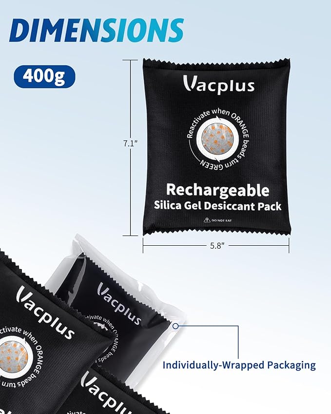 Vacplus 4 Pack 400g Reusable Desiccant Packs for Storage, Large Silica Gel Packets with Indicator Beads, Dehumidifier and Moisture Absorber for Car, Closet, Drawer, 5.8" x 7.1" - Image 6