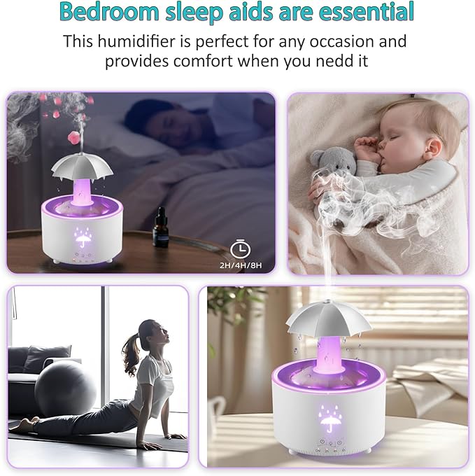 Humidifier for Bedroom, Rotating Umbrella Diffuser with Rain Drop Effect 7-Color LED, 300ML Small Humidifier with Remote & Timer, Funny Rain Humidifiers Gift for Family and Friends (White) - Image 5
