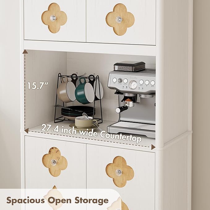 Garvee 72" Tall Pantry Cabinet, Kitchen Hutch Storage Cabinet with Countertop for Microwave, Freestanding Wooden Cupboard with Carved Door & Crystal Handle, for Dining Room, Living Room, Antique White - Image 2
