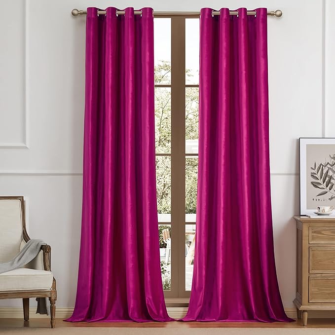 BULBUL Living Room Velvet Window Curtains 96 inch Length- 2 Panels Hot Pink Blackout Window Drapes Curtain Thermal Insulated Room Darkening Decor Grommet Curtains for Bedroom - Image 5