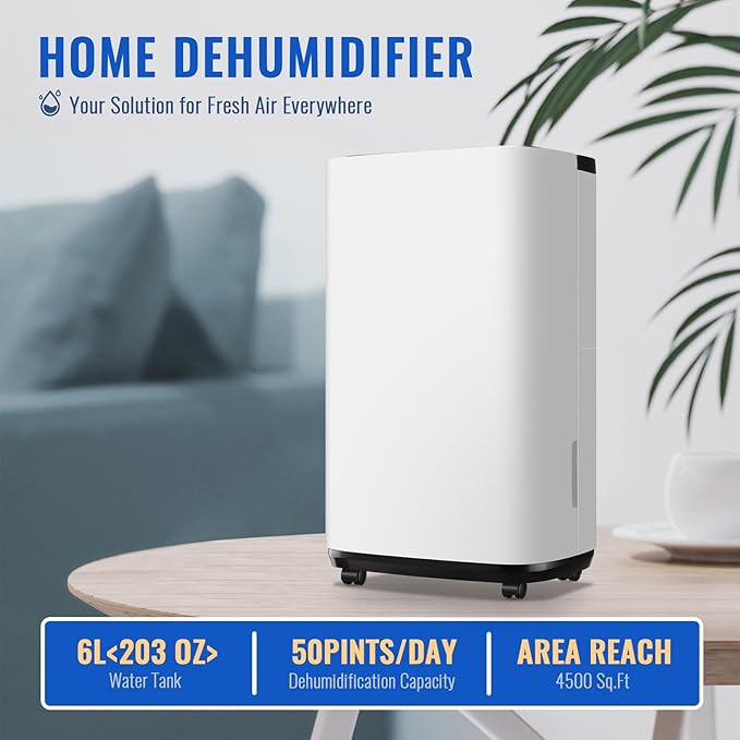 WANAI 50 Pint Portable Dehumidifier with Drain Hose for Basements, 4,500 Sq. Ft. Dehumidifiers Auto Drain or Manual Drainage, Quiet Dehumidifier for Home with 6L Water Tank - Image 2