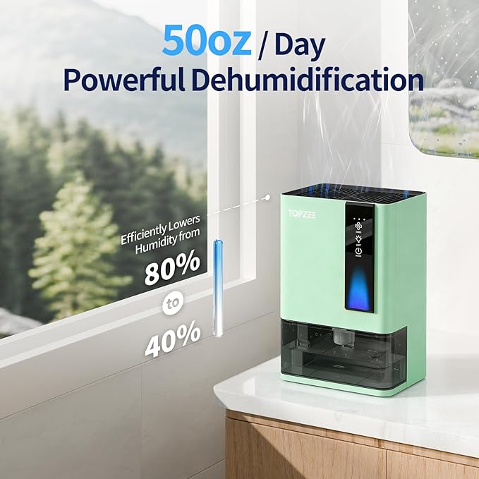 Dehumidifiers for Home, Dehumidifier for Bedroom Bathroom Basement with Auto Shut Off, Dual-Semiconductor Quiet Dehumidifier, Green - Image 2